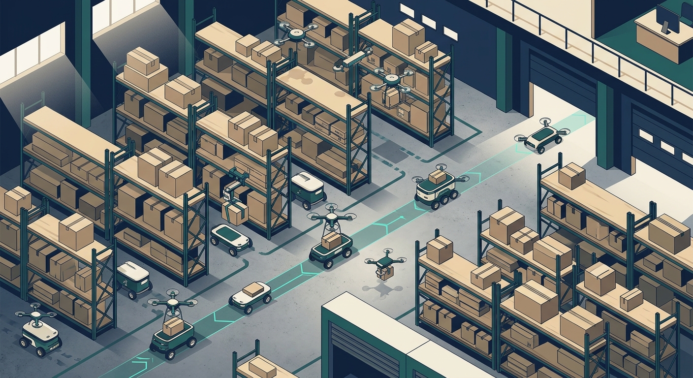 Illustration of a warehouse floor where a fleet of small delivery drones move packages between shelves in an orderly pattern — What an AI Agent Swarm Actually Does in a Real Business Today
