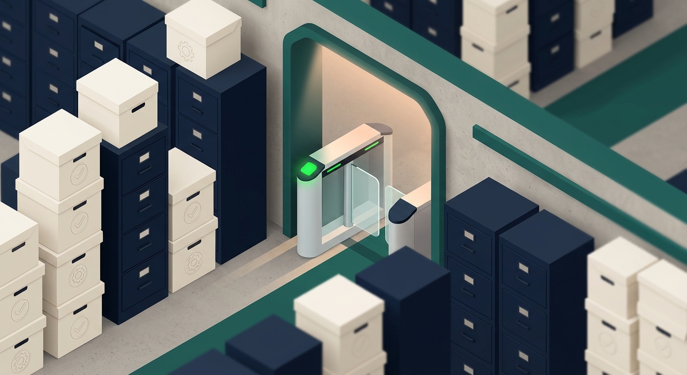 Illustration of a security checkpoint gate with a green light at the end of a corridor of filing cabinets and stamped document boxes — AI for Regulated Industries: Why Compliance Teams Move Fastest