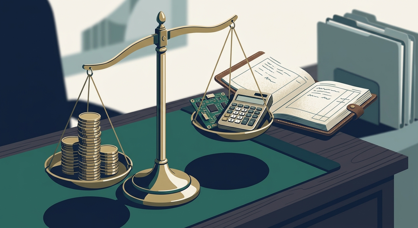 Illustration of a brass balance scale on an executive desk, one pan holding a stack of coins, the other a small circuit board, a calculator and ledger beside it — AI Return on Investment: Why Error Cost Changes the Math