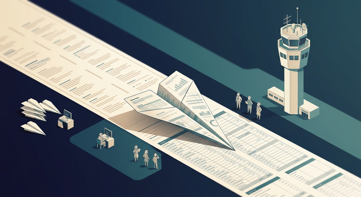 Illustration of a paper airplane stopped mid-runway on a long strip made of printed spreadsheets, a control tower in the distance — Why Mid-Market AI Pilots Stall — And How to Break the Cycle